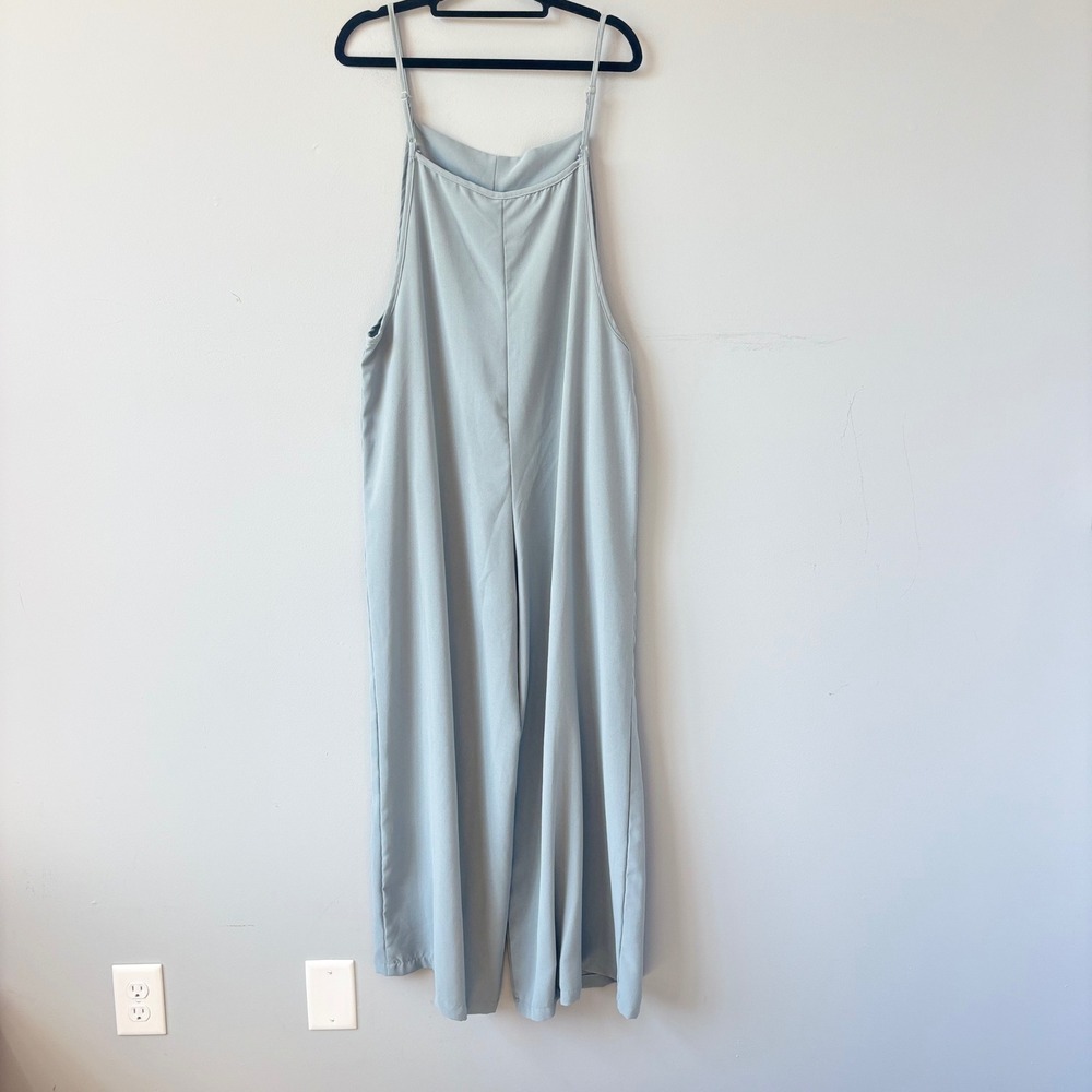 Sleeveless Wide Leg Jumpsuit Sage Green Adjustable Straps Pockets Square Neck Md